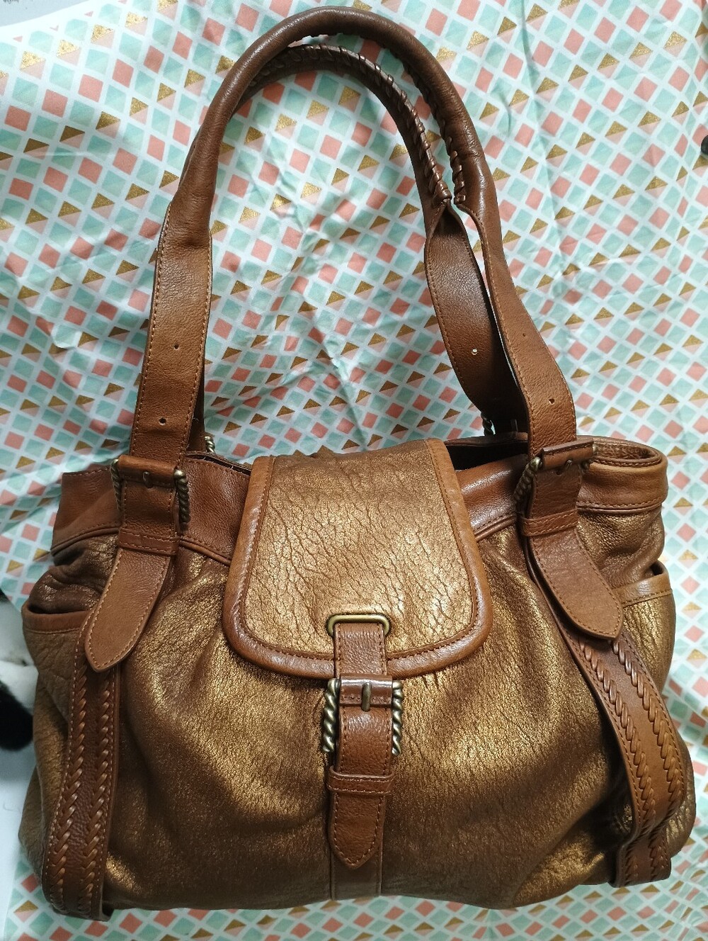 Cole Haan G Series Metallic Copper With Brown Leather Accents Satchel Tote Bag